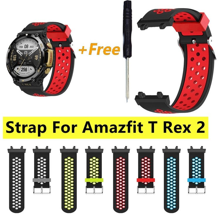 For Huami Amazfit T-Rex 2 Dual Color Watch Band Silicone Replacement Wrist Strap with Three Rows Holes - Black / Blue