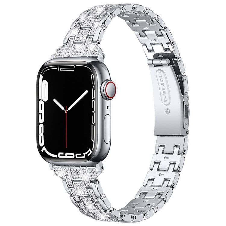 For Apple Watch Series 10 46mm / Ultra 2 Ultra 49mm / Series 9 8 7 45mm / SE (2023) SE (2022) SE 6 5 4 44mm / 3 2 1 42mm Rhinestone + Stainless Steel 5 Rows Watch Band Fashionable Wrist Strap - Silver