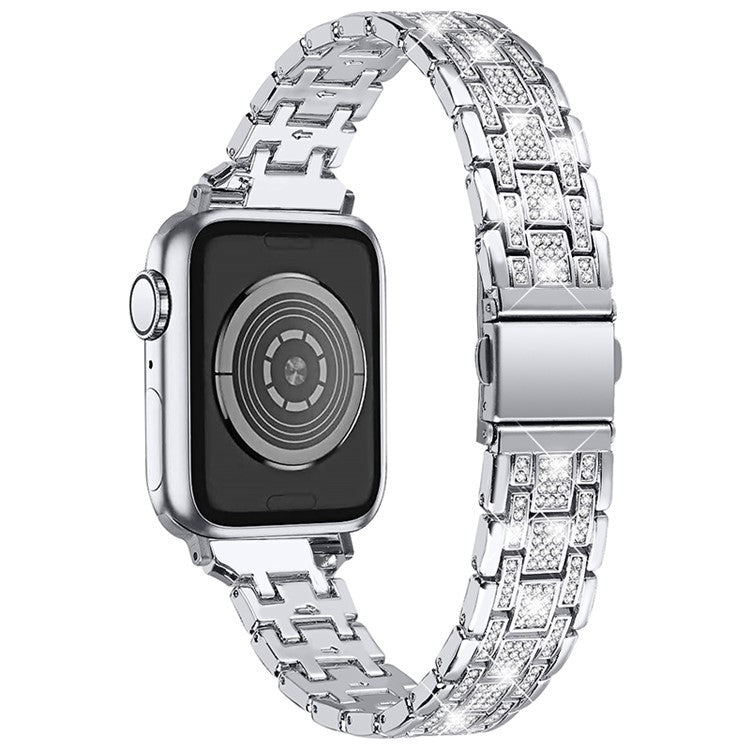 For Apple Watch Series 10 46mm / Ultra 2 Ultra 49mm / Series 9 8 7 45mm / SE (2023) SE (2022) SE 6 5 4 44mm / 3 2 1 42mm Rhinestone + Stainless Steel 5 Rows Watch Band Fashionable Wrist Strap - Silver