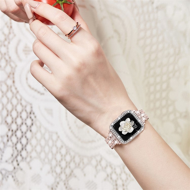 For Apple Watch Series 7 45mm Hard PC Anti-drop Watch Case + Rhinestone Decor Stainless Steel Wrist Strap Watch Band - Pink / Gold