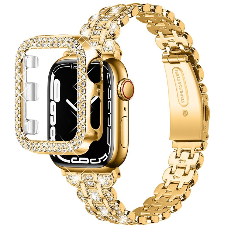 For Apple Watch Series 7 45mm Hard PC Anti-drop Watch Case + Rhinestone Decor Stainless Steel Wrist Strap Watch Band - Gold