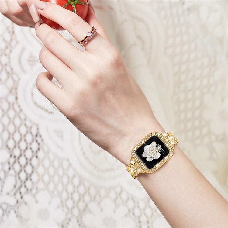 For Apple Watch Series 7 45mm Hard PC Anti-drop Watch Case + Rhinestone Decor Stainless Steel Wrist Strap Watch Band - Gold