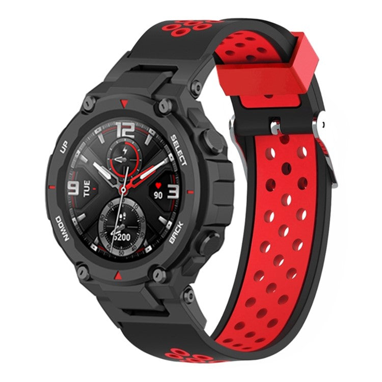 For Huami Amazfit T-Rex / T-Rex Pro / Ares, Dual-Color 22mm Watch Band Silicone Watch Strap Replacement Watchband with Multi-Hole Design - Black / Red