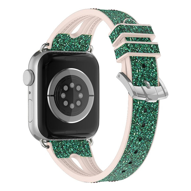 For Apple Watch Series 10 46mm / Ultra 2 Ultra 49mm / Series 9 8 7 45mm / SE (2023) SE (2022) SE 6 5 4 44mm / 3 2 1 42mm Silicone + Glitter Leather Watch Strap Adjustable Wristband - Green