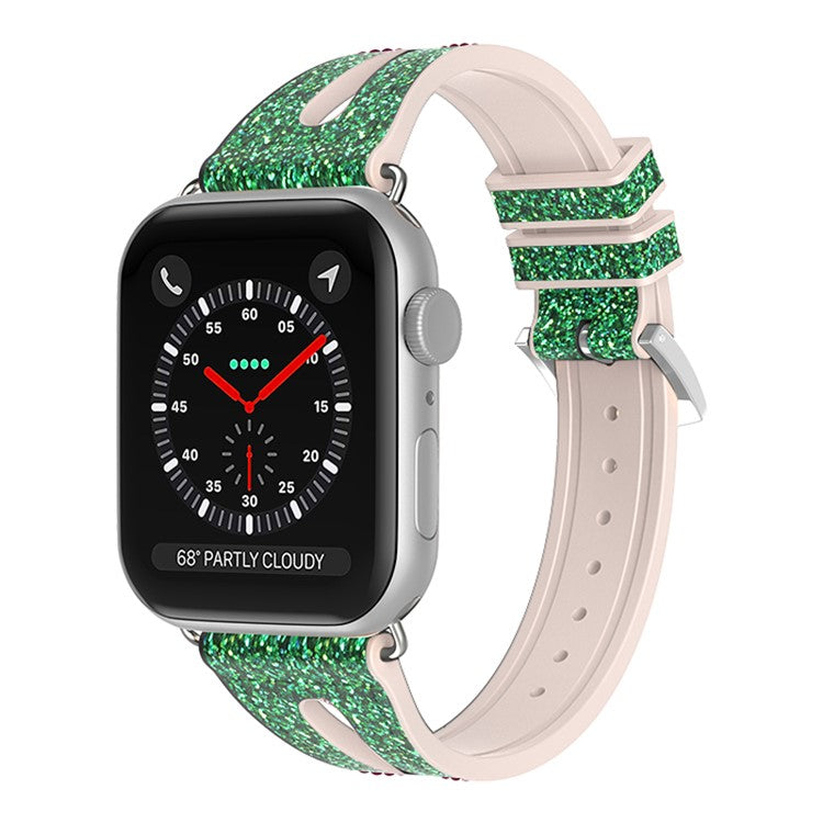 For Apple Watch Series 10 46mm / Ultra 2 Ultra 49mm / Series 9 8 7 45mm / SE (2023) SE (2022) SE 6 5 4 44mm / 3 2 1 42mm Silicone + Glitter Leather Watch Strap Adjustable Wristband - Green