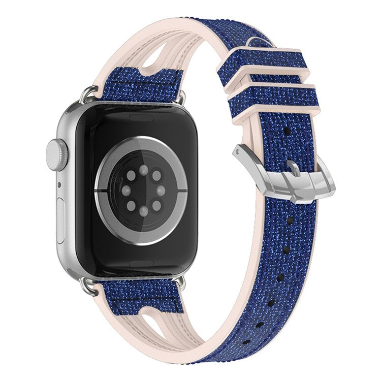 For Apple Watch Series 10 46mm / Ultra 2 Ultra 49mm / Series 9 8 7 45mm / SE (2023) SE (2022) SE 6 5 4 44mm / 3 2 1 42mm Silicone + Glitter Leather Watch Strap Adjustable Wristband - Blue