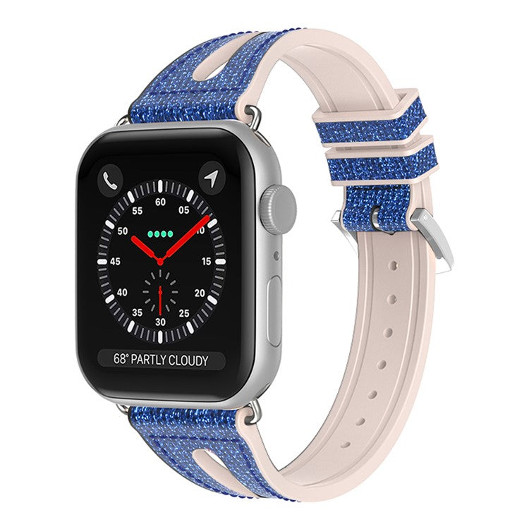 For Apple Watch Series 10 46mm / Ultra 2 Ultra 49mm / Series 9 8 7 45mm / SE (2023) SE (2022) SE 6 5 4 44mm / 3 2 1 42mm Silicone + Glitter Leather Watch Strap Adjustable Wristband - Blue
