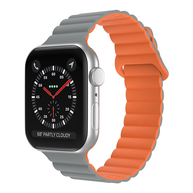 For Apple Watch Series 10 42mm / 9 8 7 41mm / 6 5 4 SE SE (2022) SE (2023) 40mm / 3 2 1 38mm Magnetic Adsorption Replacement Strap Silicone Watch Band with Tail Buckle - Grey / Orange