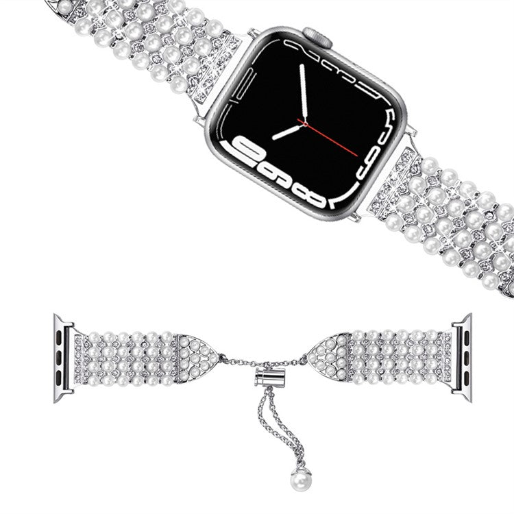 For Apple Watch Series 10 42mm / 9 8 7 41mm / 6 5 4 SE SE (2022) SE (2023) 40mm / 3 2 1 38mm Easy Adjustment Watch Band Pearl Decor Replacement Wrist Strap - Silver