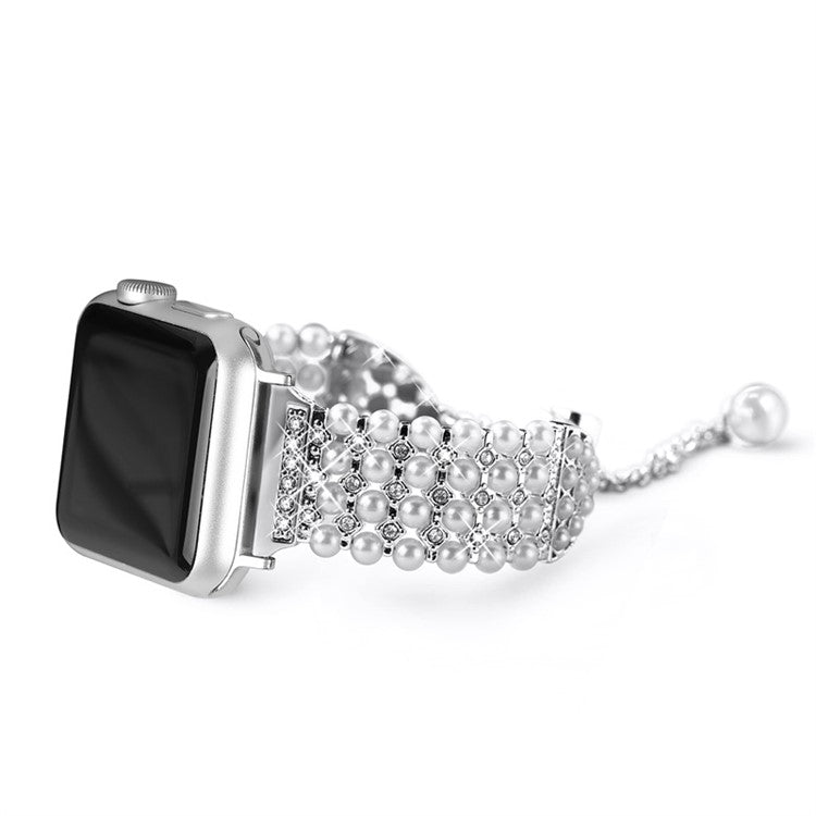 For Apple Watch Series 10 42mm / 9 8 7 41mm / 6 5 4 SE SE (2022) SE (2023) 40mm / 3 2 1 38mm Easy Adjustment Watch Band Pearl Decor Replacement Wrist Strap - Silver