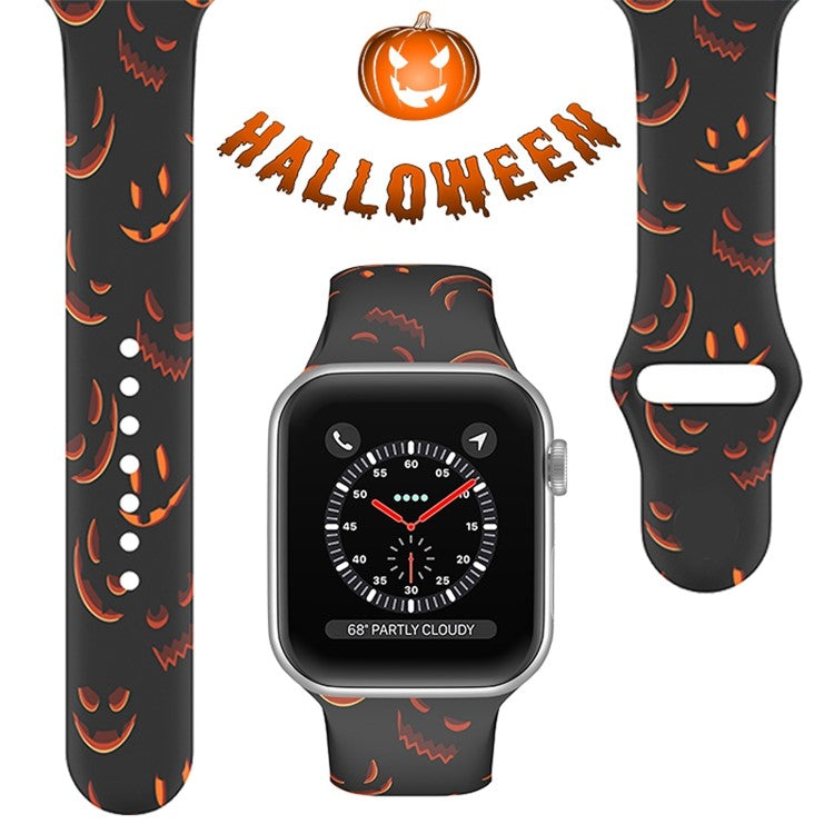 For Apple Watch Series 10 42mm / 9 8 7 41mm / 6 5 4 SE SE (2022) SE (2023) 40mm / 3 2 1 38mm Halloween Pattern Silicone Watch Band Replacement Wrist Strap, Size: S / M - Black Pumpkins
