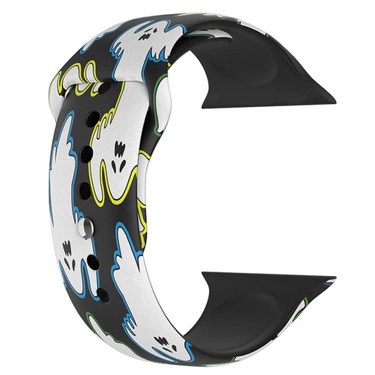For Apple Watch Series 10 42mm / 9 8 7 41mm / 6 5 4 SE SE (2022) SE (2023) 40mm / 3 2 1 38mm Halloween Pattern Silicone Watch Band Replacement Wrist Strap, Size: S / M - Yellow / Blue Ghosts