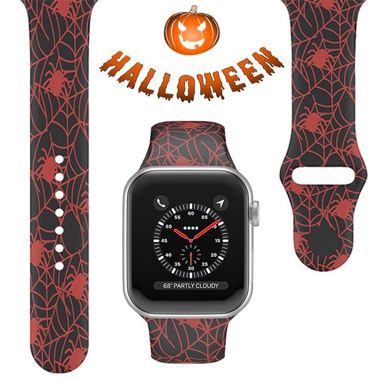 For Apple Watch Series 10 46mm / Ultra 2 Ultra 49mm / Series 9 8 7 45mm / SE (2023) SE (2022) SE 6 5 4 44mm / 3 2 1 42mm Halloween Pattern Watch Band Silicone Wrist Strap, Size: S / M - Red Spiders