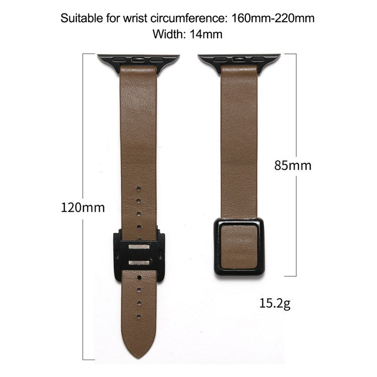 For Apple Watch Series 10 46mm / Ultra 2 Ultra 49mm / 9 8 7 45mm / SE (2023) SE (2022) SE 6 5 4 44mm / 3 2 1 42mm Magnetic Design Silver Buckle Genuine Leather Replacement Watch Wrist Strap - Grey-Brown