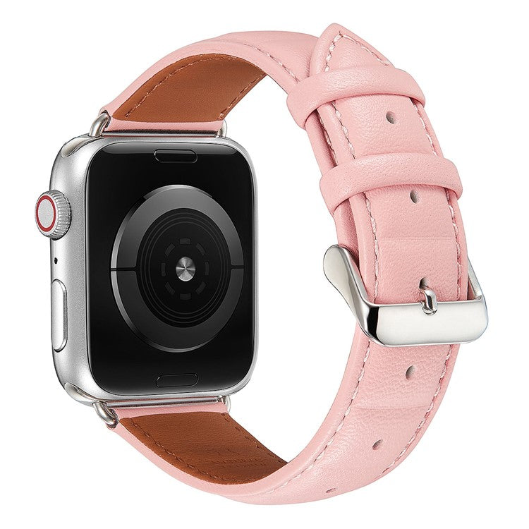 For Apple Watch Series 10 46mm / Ultra 2 Ultra 49mm / 9 8 7 45mm / SE (2023) SE (2022) SE 6 5 4 44mm / 3 2 1 42mm Square Imprinted Texture Genuine Leather Smartwatch Replacement Strap - Pink