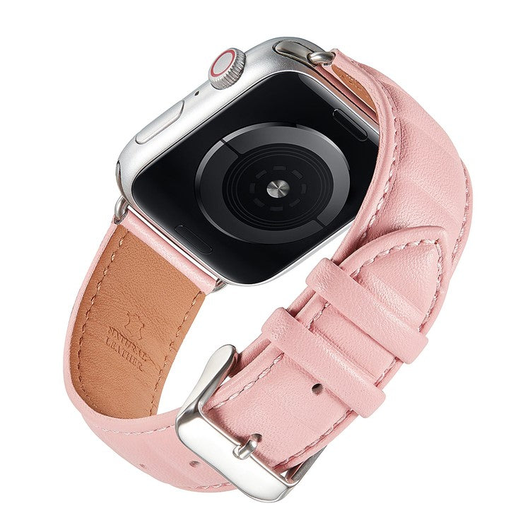 For Apple Watch Series 10 46mm / Ultra 2 Ultra 49mm / 9 8 7 45mm / SE (2023) SE (2022) SE 6 5 4 44mm / 3 2 1 42mm Square Imprinted Texture Genuine Leather Smartwatch Replacement Strap - Pink