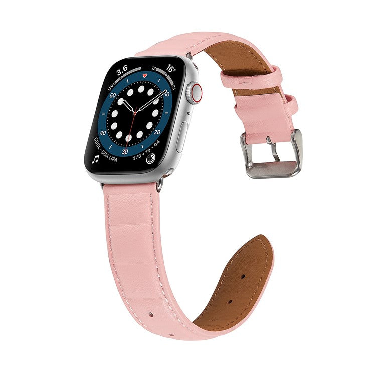 For Apple Watch Series 10 46mm / Ultra 2 Ultra 49mm / 9 8 7 45mm / SE (2023) SE (2022) SE 6 5 4 44mm / 3 2 1 42mm Square Imprinted Texture Genuine Leather Smartwatch Replacement Strap - Pink
