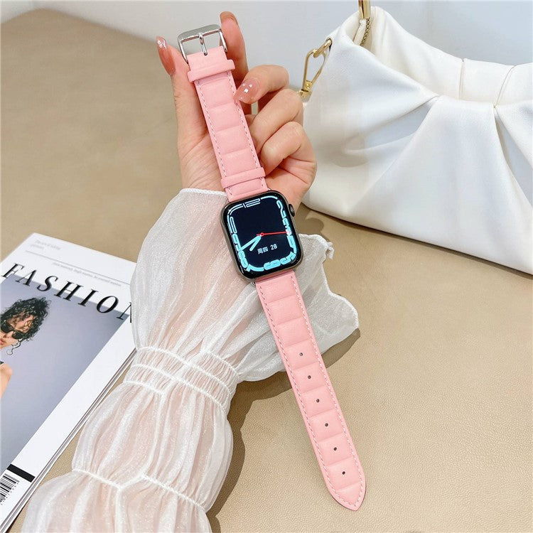 For Apple Watch Series 10 46mm / Ultra 2 Ultra 49mm / 9 8 7 45mm / SE (2023) SE (2022) SE 6 5 4 44mm / 3 2 1 42mm Square Imprinted Texture Genuine Leather Smartwatch Replacement Strap - Pink