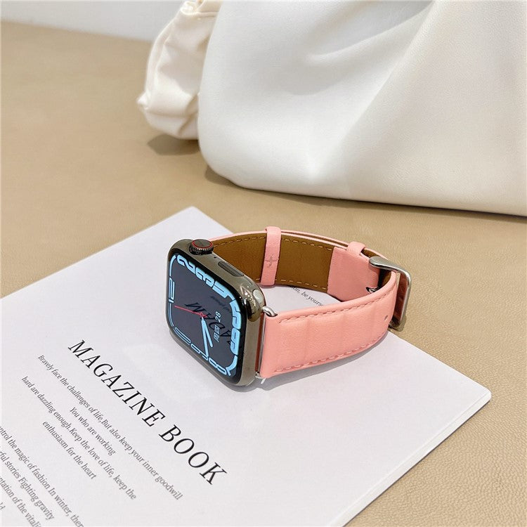 For Apple Watch Series 10 46mm / Ultra 2 Ultra 49mm / 9 8 7 45mm / SE (2023) SE (2022) SE 6 5 4 44mm / 3 2 1 42mm Square Imprinted Texture Genuine Leather Smartwatch Replacement Strap - Pink