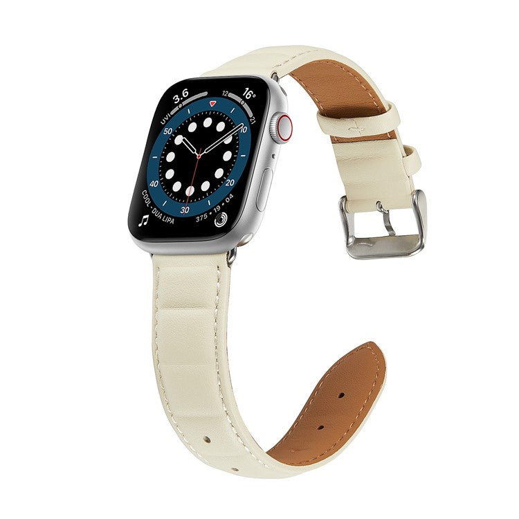 For Apple Watch Series 10 46mm / Ultra 2 Ultra 49mm / 9 8 7 45mm / SE (2023) SE (2022) SE 6 5 4 44mm / 3 2 1 42mm Square Imprinted Texture Genuine Leather Smartwatch Replacement Strap - Beige