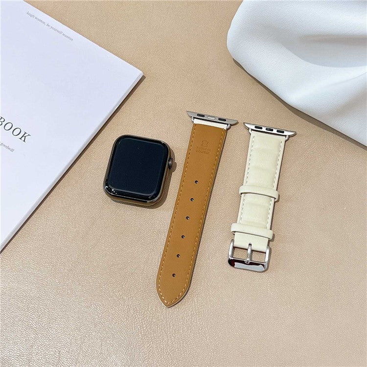 For Apple Watch Series 10 46mm / Ultra 2 Ultra 49mm / 9 8 7 45mm / SE (2023) SE (2022) SE 6 5 4 44mm / 3 2 1 42mm Square Imprinted Texture Genuine Leather Smartwatch Replacement Strap - Beige