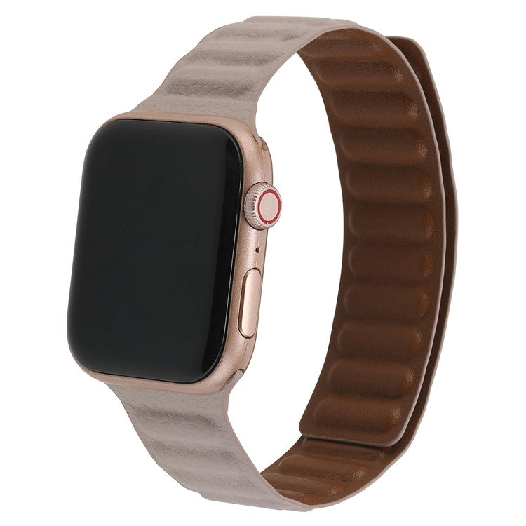 For Apple Watch Series 10 46mm / Ultra 2 Ultra 49mm / 9 8 7 45mm / SE (2023) SE (2022) SE 6 5 4 44mm / 3 2 1 42mm, Magnetic Watch Band Genuine Leather Watch Strap Replacement Parts - Khaki