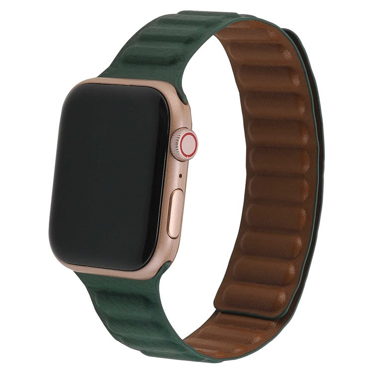 For Apple Watch Series 10 46mm / Ultra 2 Ultra 49mm / 9 8 7 45mm / SE (2023) SE (2022) SE 6 5 4 44mm / 3 2 1 42mm, Magnetic Watch Band Genuine Leather Watch Strap Replacement Parts - Cedar Green