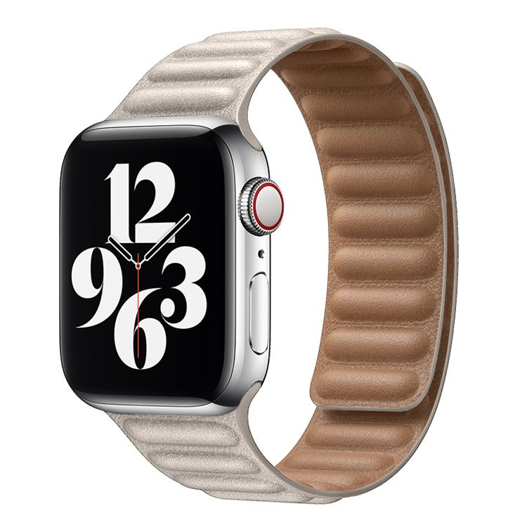 For Apple Watch Series 10 46mm / Ultra 2 Ultra 49mm / 9 8 7 45mm / SE (2023) SE (2022) SE 6 5 4 44mm / 3 2 1 42mm Magnetic Genuine Leather Watch Band Sports Adjustable Wristband - Starlight