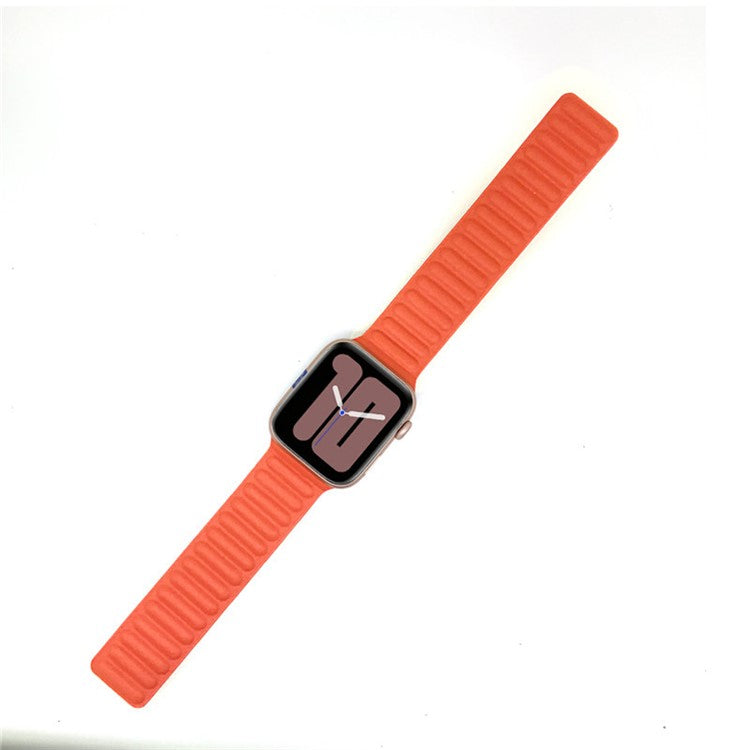 For Apple Watch Series 10 42mm / 9 8 7 41mm / 6 5 4 SE SE (2022) SE (2023) 40mm / 3 2 1 38mm Magnetic Watch Band Genuine Leather Replacement Strap - Orange