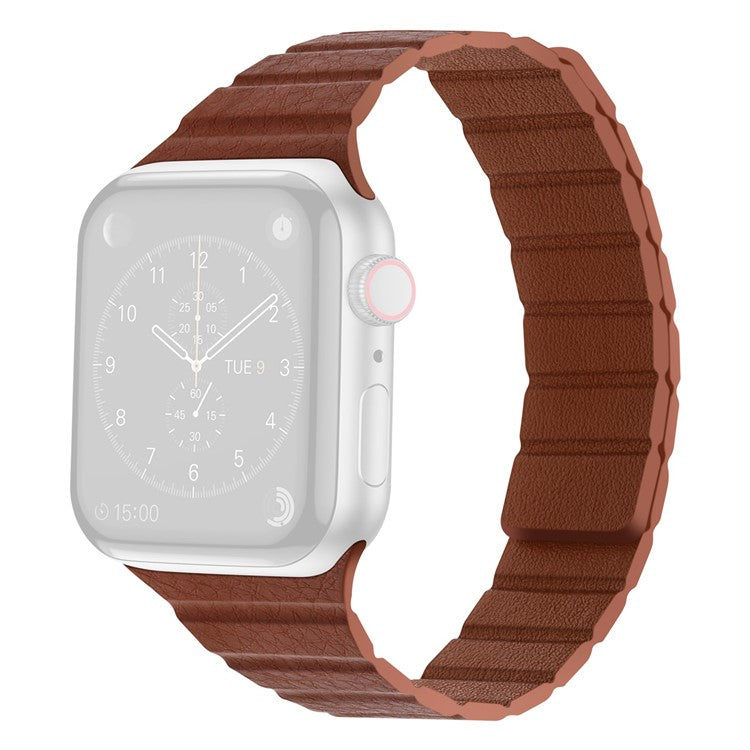 For Apple Watch Series 10 46mm / Ultra 2 Ultra 49mm / 9 8 7 45mm / SE (2023) SE (2022) SE 6 5 4 44mm / 3 2 1 42mm, Magnetic Dual-Color Watch Band Genuine Leather Replacement Watch Strap - Saddle Brown
