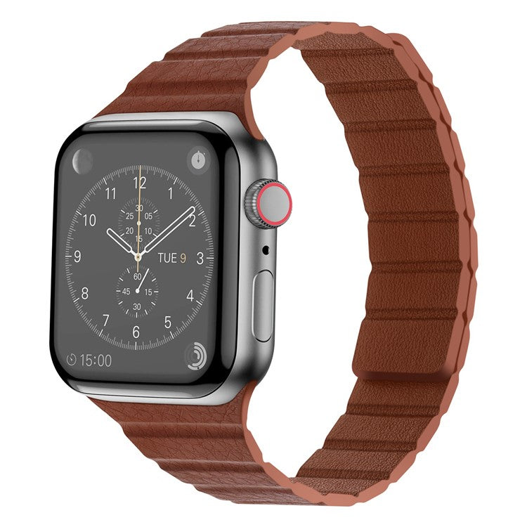 For Apple Watch Series 10 46mm / Ultra 2 Ultra 49mm / 9 8 7 45mm / SE (2023) SE (2022) SE 6 5 4 44mm / 3 2 1 42mm, Magnetic Dual-Color Watch Band Genuine Leather Replacement Watch Strap - Saddle Brown