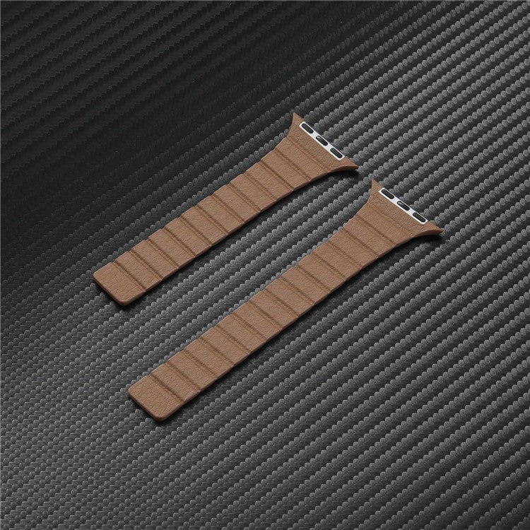 For Apple Watch Series 10 46mm / Ultra 2 Ultra 49mm / 9 8 7 45mm / SE (2023) SE (2022) SE 6 5 4 44mm / 3 2 1 42mm, Magnetic Dual-Color Watch Band Genuine Leather Replacement Watch Strap - Saddle Brown
