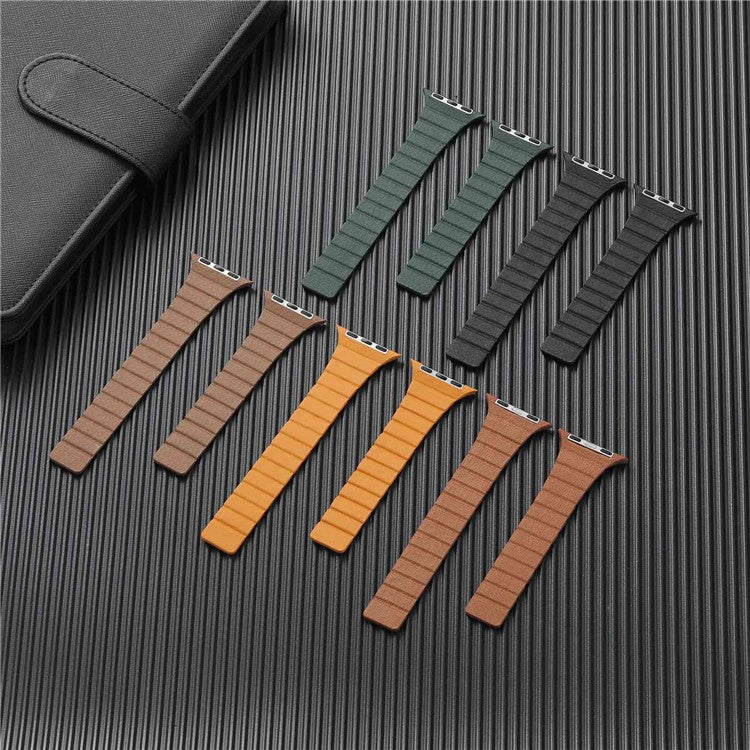 For Apple Watch Series 10 46mm / Ultra 2 Ultra 49mm / 9 8 7 45mm / SE (2023) SE (2022) SE 6 5 4 44mm / 3 2 1 42mm, Magnetic Dual-Color Watch Band Genuine Leather Replacement Watch Strap - Saddle Brown