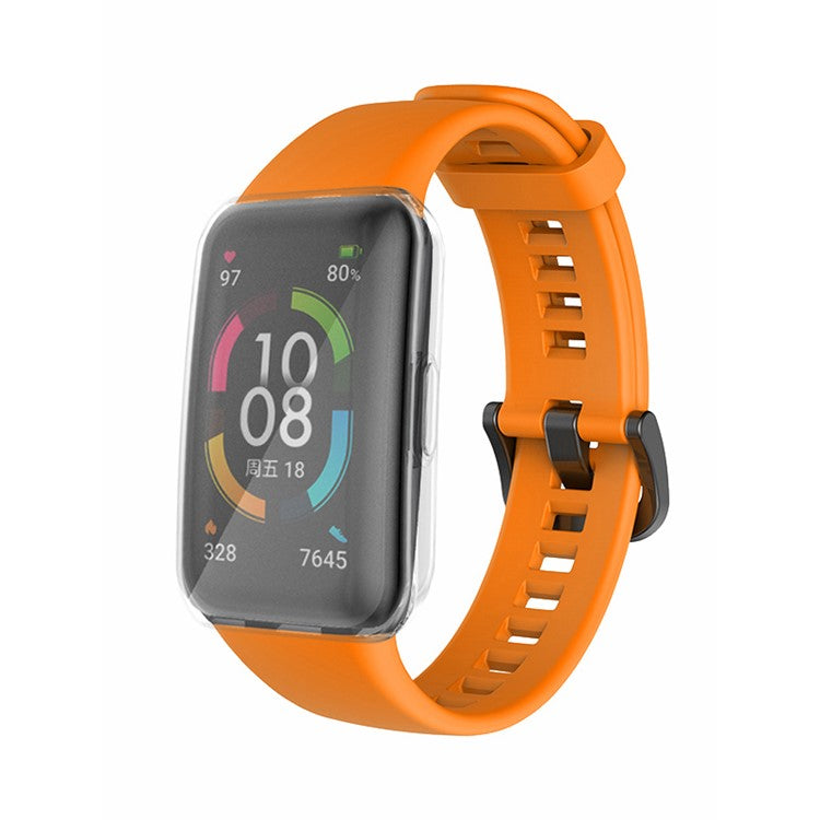 For Huawei Band 6 Soft Silicone Sports Wristband with Transparent TPU Case Full Around Bumper Frame Cover - Orange