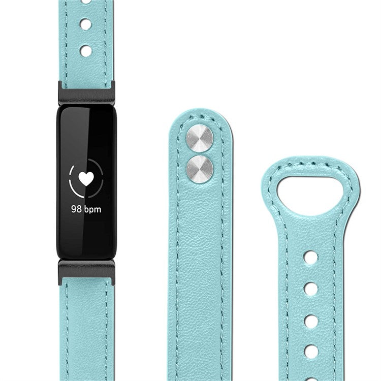 For Fitbit Inspire / Inspire HR / Inspire 2 / Ace 2 Genuine Cowhide Leather Watch Band Double Snap Button Wrist Strap Replacement, Black Connector - Baby Blue