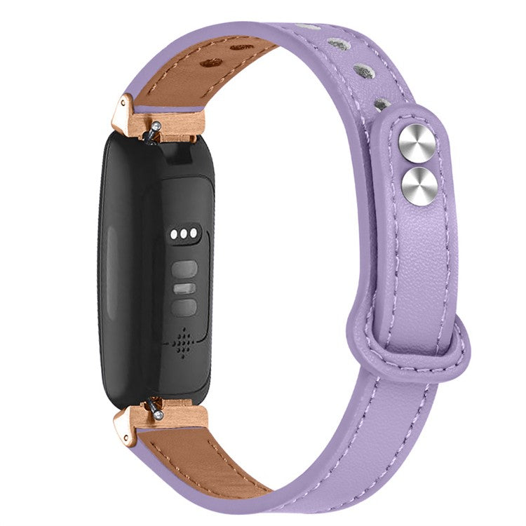 For Fitbit Inspire / Inspire HR / Inspire 2 / Ace 2 Double Snap Button Watch Strap Genuine Cowhide Leather Wrist Band, Rose Gold Connector - Light Purple