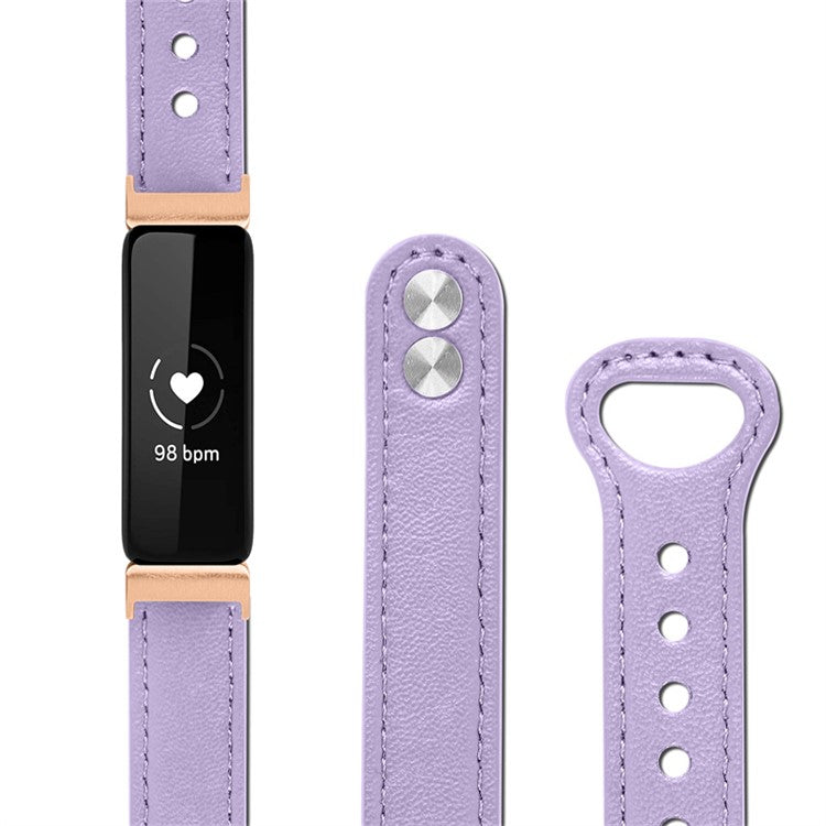 For Fitbit Inspire / Inspire HR / Inspire 2 / Ace 2 Double Snap Button Watch Strap Genuine Cowhide Leather Wrist Band, Rose Gold Connector - Light Purple