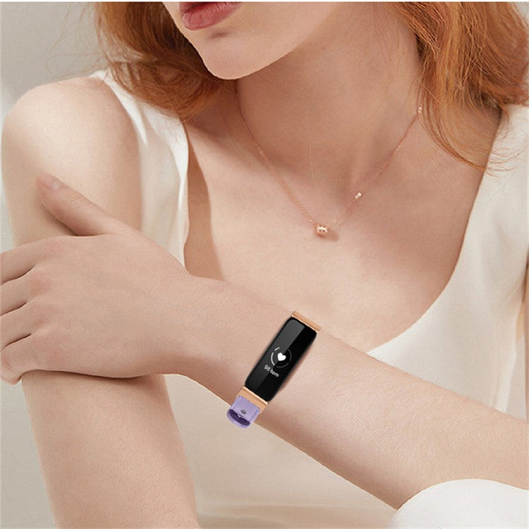 For Fitbit Inspire / Inspire HR / Inspire 2 / Ace 2 Double Snap Button Watch Strap Genuine Cowhide Leather Wrist Band, Rose Gold Connector - Light Purple