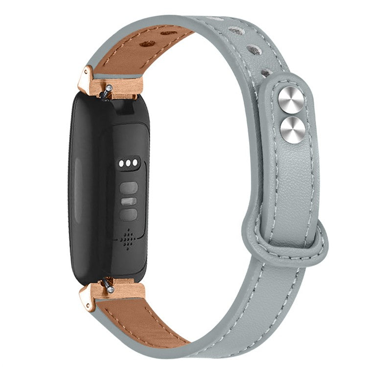 For Fitbit Inspire / Inspire HR / Inspire 2 / Ace 2 Double Snap Button Watch Strap Genuine Cowhide Leather Wrist Band, Rose Gold Connector - Elephant Grey