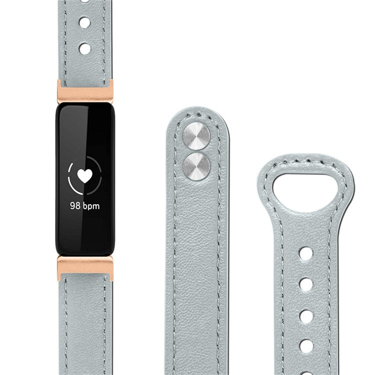 For Fitbit Inspire / Inspire HR / Inspire 2 / Ace 2 Double Snap Button Watch Strap Genuine Cowhide Leather Wrist Band, Rose Gold Connector - Elephant Grey