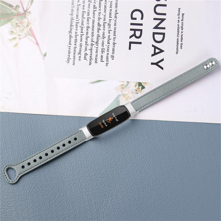 Replacement Wrist Band for Fitbit Luxe Smart Watch Adjustable Top Layer Cowhide Strap with Double Rivet, Silver Connector - Grey