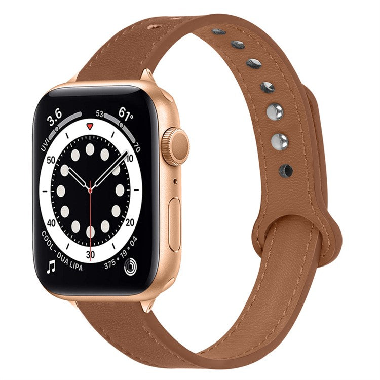 For Apple Watch Series 10 42mm / 9 8 7 41mm / 6 5 4 SE SE (2022) SE (2023) 40mm / 3 2 1 38mm Genuine Cowhide Leather Watch Band Double Rivet Replacement Strap with Connector - Brown