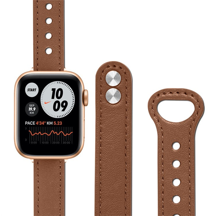 For Apple Watch Series 10 42mm / 9 8 7 41mm / 6 5 4 SE SE (2022) SE (2023) 40mm / 3 2 1 38mm Genuine Cowhide Leather Watch Band Double Rivet Replacement Strap with Connector - Brown