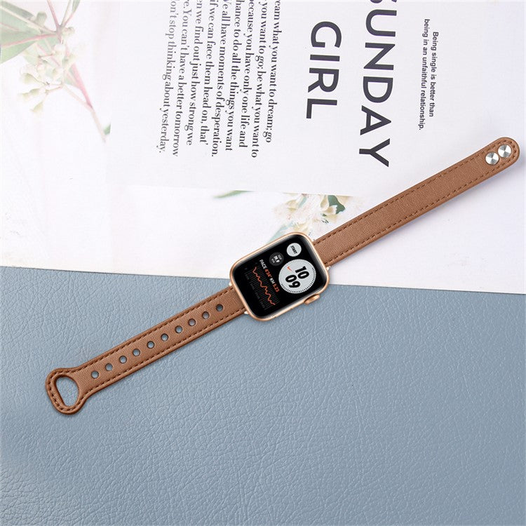 For Apple Watch Series 10 42mm / 9 8 7 41mm / 6 5 4 SE SE (2022) SE (2023) 40mm / 3 2 1 38mm Genuine Cowhide Leather Watch Band Double Rivet Replacement Strap with Connector - Brown