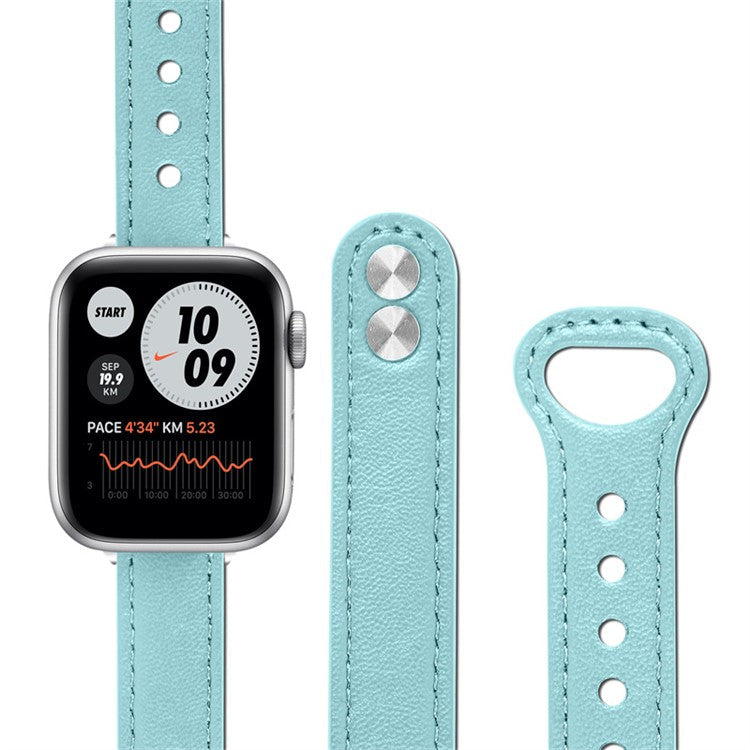 For Apple Watch Series 10 46mm / Ultra 2 Ultra 49mm / 9 8 7 45mm / SE (2023) SE (2022) SE 6 5 4 44mm / 3 2 1 42mm Top Grain Genuine Cowhide Leather Watch Strap with Rose Gold Connector - Baby Blue