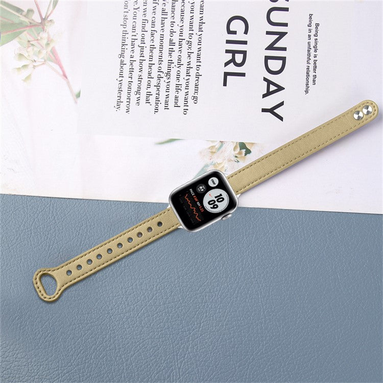 For Apple Watch Series 10 42mm / 9 8 7 41mm / 6 5 4 SE SE (2022) SE (2023) 40mm / 3 2 1 38mm Genuine Cowhide Leather Watch Band with Silver Connector - Light Apricot