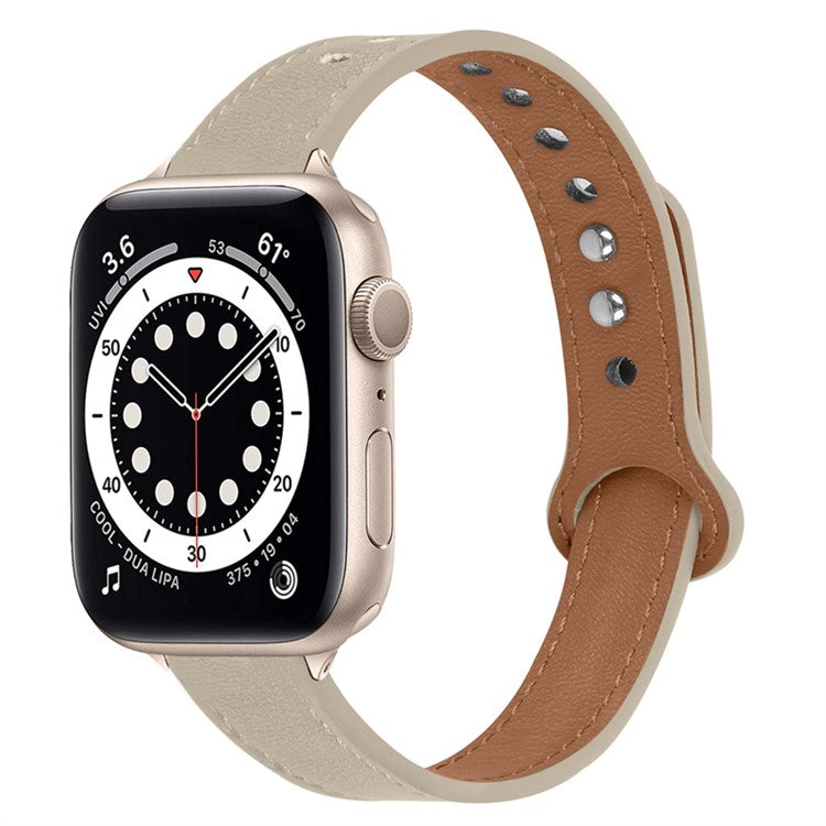 For Apple Watch Series 10 46mm / Ultra 2 Ultra 49mm / 9 8 7 45mm / SE (2023) SE (2022) SE 6 5 4 44mm / 3 2 1 42mm Genuine Cowhide Leather Double Snap Button Watch Band (Retro Gold Connector) - Ivory White