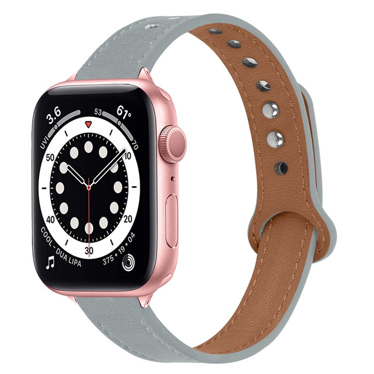 For Apple Watch Series 10 46mm / Ultra 2 Ultra 49mm / 9 8 7 45mm / SE (2023) SE (2022) SE 6 5 4 44mm / 3 2 1 42mm Genuine Leather Watch Strap Double Rivet Wrist Band, Rose Gold Connector - Grey