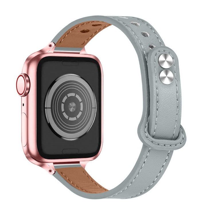 For Apple Watch Series 10 46mm / Ultra 2 Ultra 49mm / 9 8 7 45mm / SE (2023) SE (2022) SE 6 5 4 44mm / 3 2 1 42mm Genuine Leather Watch Strap Double Rivet Wrist Band, Rose Gold Connector - Grey