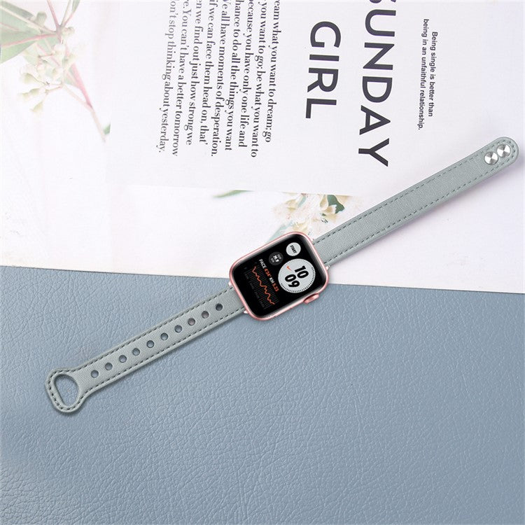 For Apple Watch Series 10 46mm / Ultra 2 Ultra 49mm / 9 8 7 45mm / SE (2023) SE (2022) SE 6 5 4 44mm / 3 2 1 42mm Genuine Leather Watch Strap Double Rivet Wrist Band, Rose Gold Connector - Grey